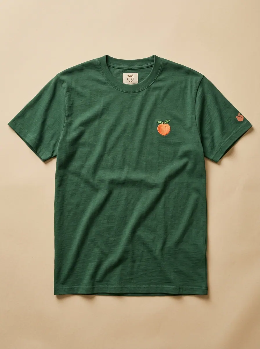 Forest green T-shirt laid flat showing three placements: an embroidered peach on the left chest, a small print on the sleeve, and a label at the neck