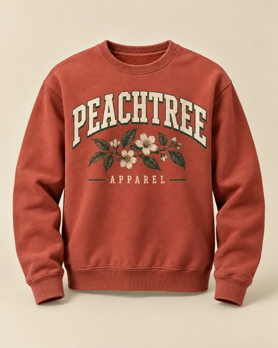 Rust red crewneck sweatshirt with a PEACHTREE APPAREL varsity print and white blossoms