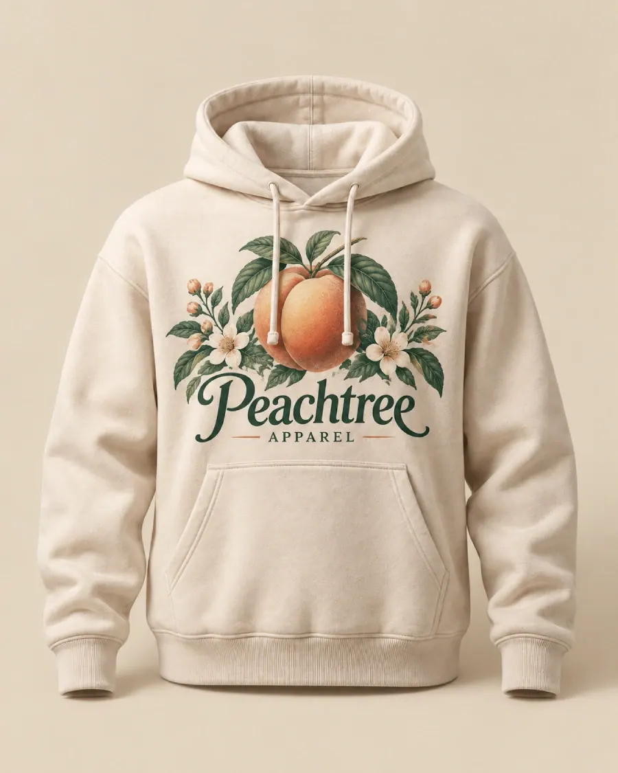 Cream hoodie with a large peach, blossoms, and a Peachtree Apparel script print