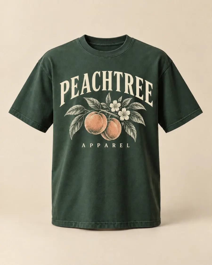 Forest green T-shirt with a PEACHTREE APPAREL print and two peaches on a flowering branch