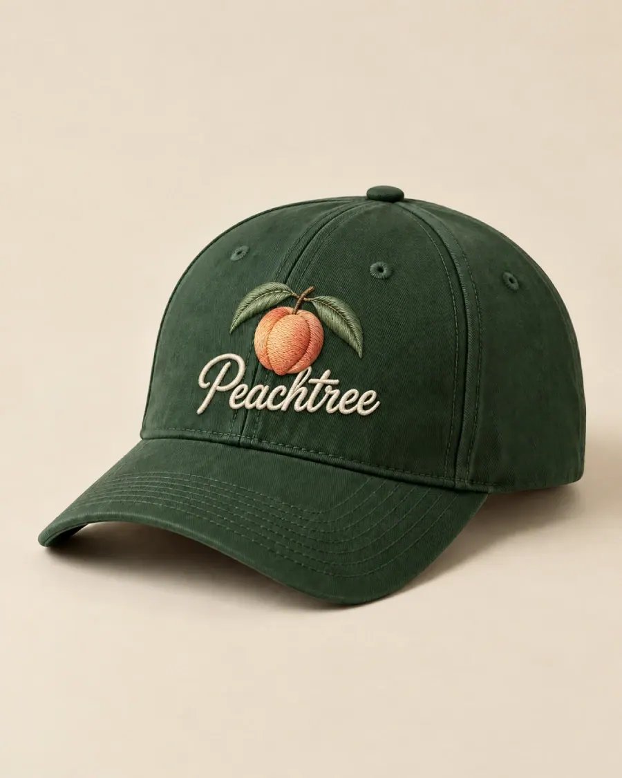Forest green baseball cap with an embroidered peach and Peachtree script logo